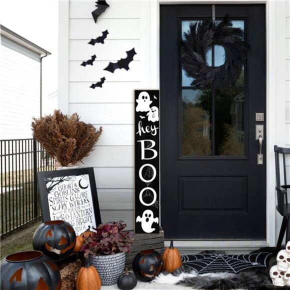 Halloween Porch Sign with Cute Ghost and Bats Design Door Hanging Decor Wooden - Picture 5 of 8
